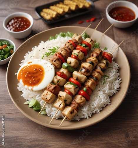 Grilled Bean and Rice Skewers with Spicy Sauce, plate, cooking, utensil photo