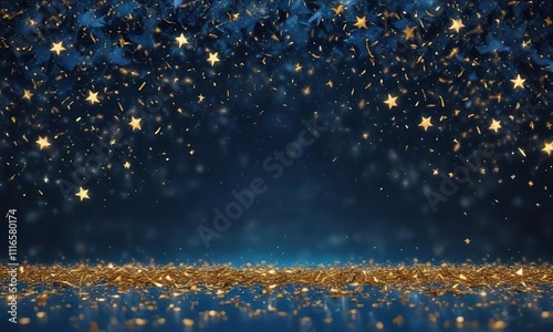 Glittering blue background with golden stars and shimmering confetti, celebration, party, confetti