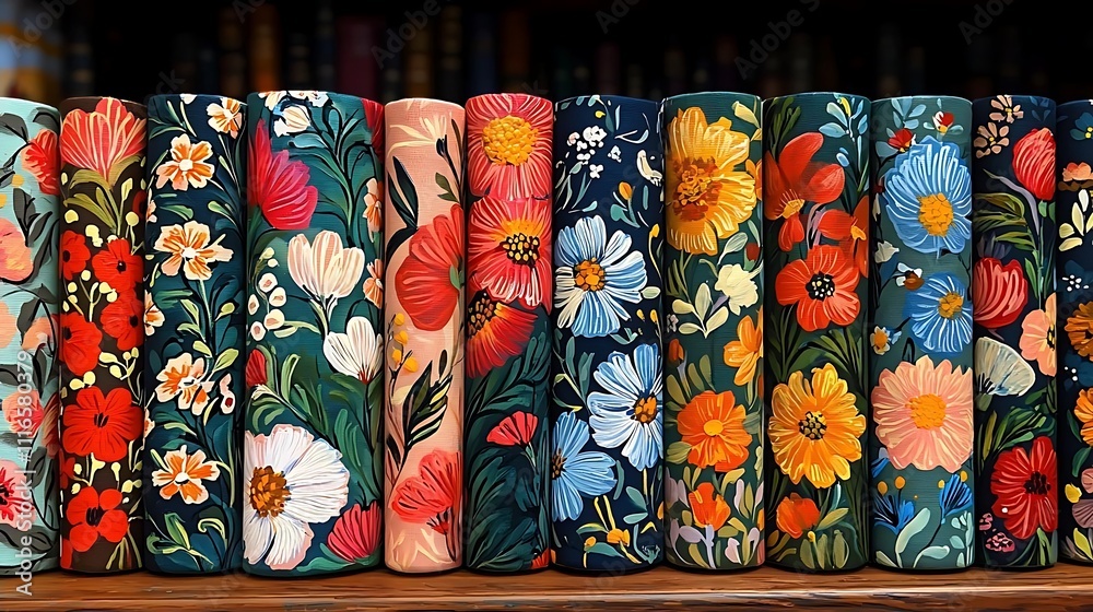 Fototapeta premium Vibrant Floral Book Covers Hand Painted Botanical Designs Green Background Dark Teal Red Orange
