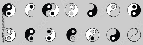 Set of Yin Yang symbol of balance and harmony. Yin-Yang set of flat simple vector icons collection for web and apps. Set of Yin and yang icon, vector illustration.