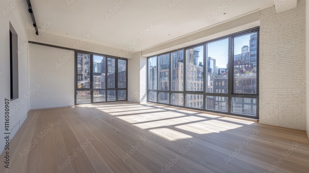 Fototapeta premium Sunlit empty modern apartment with large windows and city view.