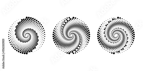 Set of black dotted vortex shapes. Geometric art. Halftone dots. Trendy design element for logo, tattoo, sign, symbol, web, prints, posters, social media, template, pattern, abstract backdrop
