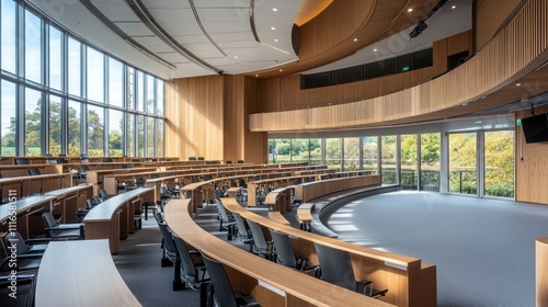 Modern lecture hall with curved wooden desks and large windows