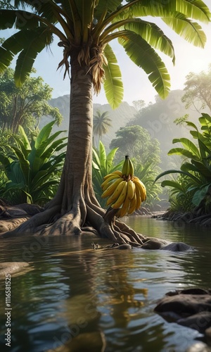 The river flows gently past a single banana tree with its roots exposed, environment, nature, vulnerability photo