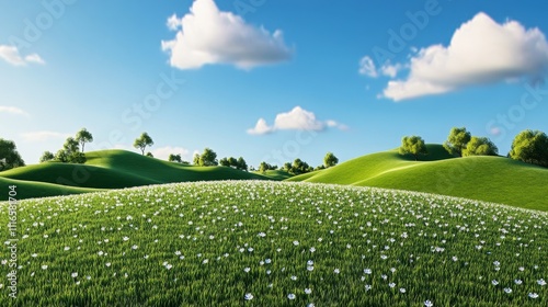 Lush Green Meadows Under a Clear Sky - A picturesque landscape showcasing vibrant green hills adorned with white flowers, framed by a bright blue sky and fluffy clouds, symbolizing serenity and nature