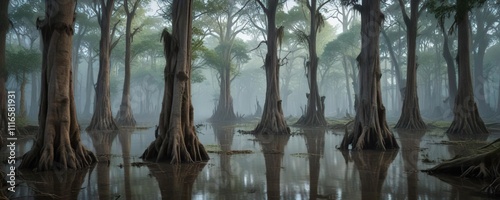 Ghostly apparitions amidst cypress knees in the bayou, mystical forest, paranormal scene, ghostly apparition photo