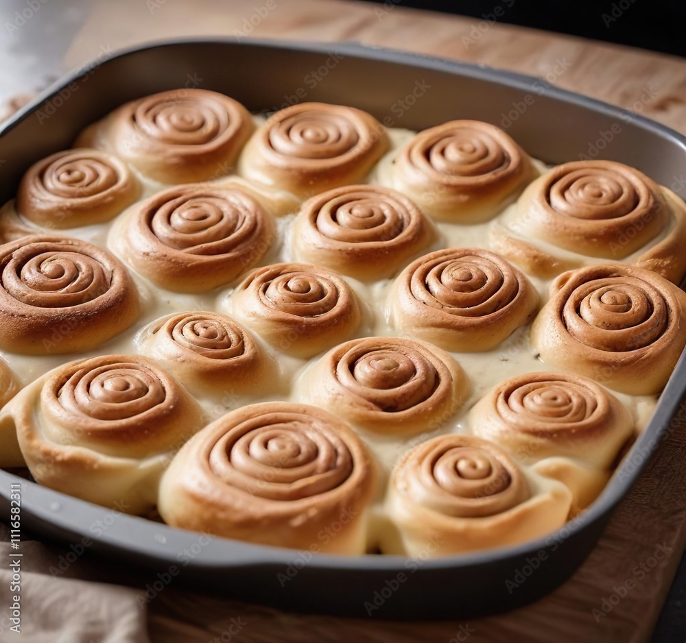 Fototapeta premium Large Capacity Baking Pan Filled with Unbaked Cinnamon Roll Dough Ready for Cooking , culinary techniques, unbaked dough