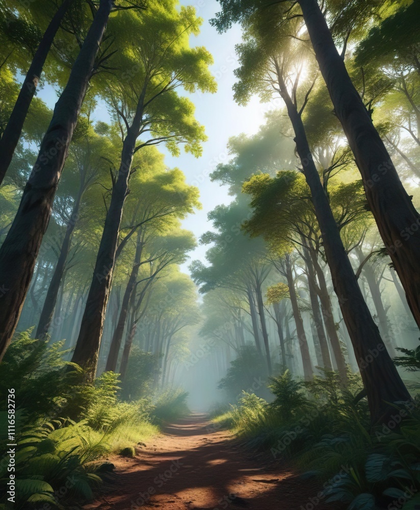 Naklejka premium Forest with a tall tree visible through the canopy, foliage, forest