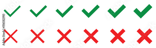 Right or wrong icons. Green tick and red cross checkmarks. Yes or no symbol, approved or rejected icon for user interface. Green tick and red cross set. Red Cross marks. Negative selection mark vector