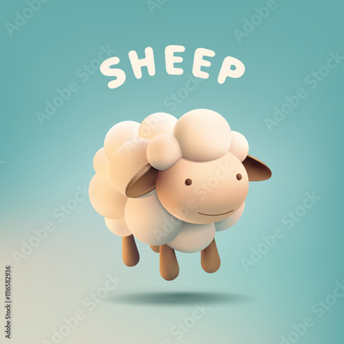 3D character of a smiling cute jumping sheep. Cheerful character for design concepts of farm animals, children's fairy tales, natural wool, and industry. Vector illustration.