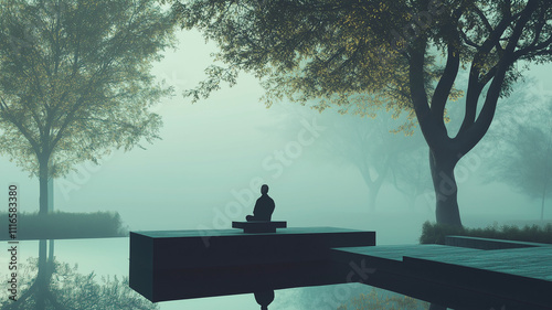 Man meditating, sitting on a bench in a minimalist, surrealistic park. Fog, trees, water body.
