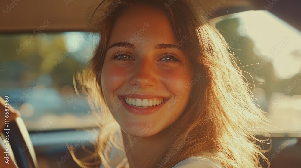 Happy young woman smiling in a car. Happy young woman smiling in a car.