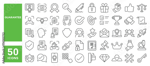 Set of 50 line icons related to guarantee, quality, product, check, mark, approve, value, security, certificate, verified, Editable stroke. Vector illustration
