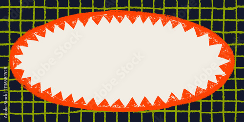 Oval shape with zigzag torn edges. Grunge style star circle frame with ripped border. Rough edges round Sticker on dark plaid pattern background. Vector silhouette for stickers, banners.