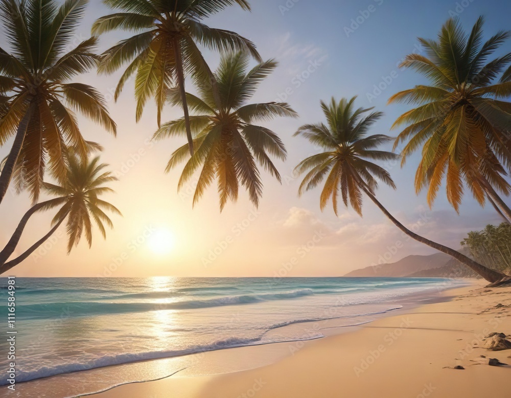 Obraz premium Palm trees swaying gently in the breeze on a beach, coastal landscape, beach view, nature scene