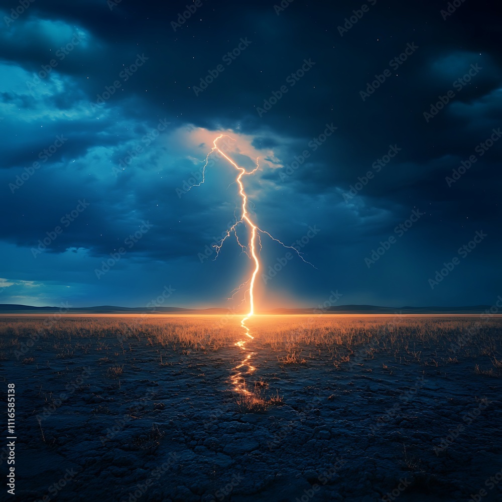 Fototapeta premium Dramatic lightning strike over a dark, flat landscape at night.