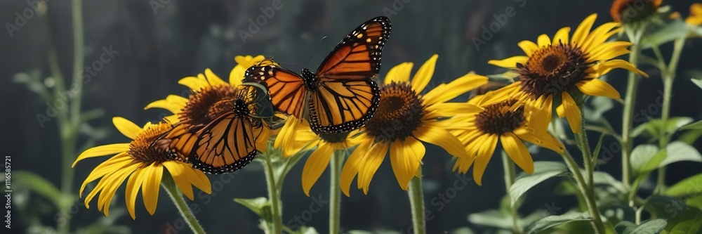 A monarch butterfly sipping nectar from the long, tube-shaped flower of a helianthus , yellow, floral, helianthus