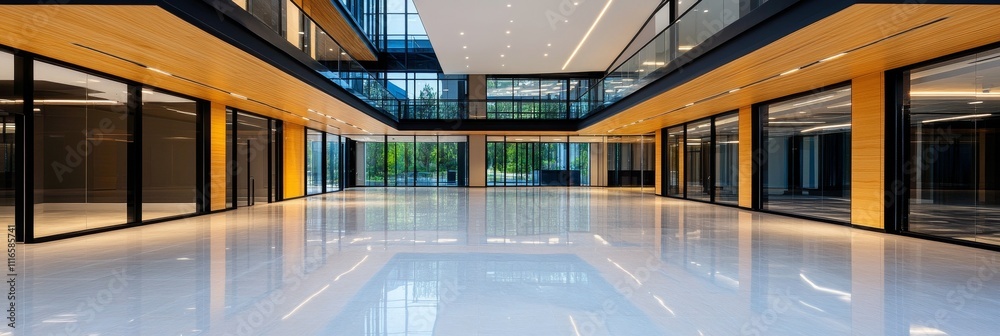 Fototapeta premium Modern Open Office Space Interior - A contemporary office interior featuring large windows, wooden accents, and glossy floors, fostering a bright and spacious work environment.