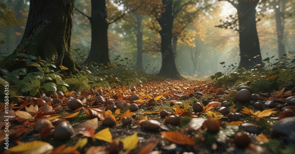 A delicate scattering of autumn leaves and acorns on the forest floor amidst a backdrop of dark green foliage , autumn leaves, acorns, dark background A delicate scattering of autumn leaves and acorns on the forest floor amidst a backdrop of dark green foliage , autumn leaves, acorns, dark background