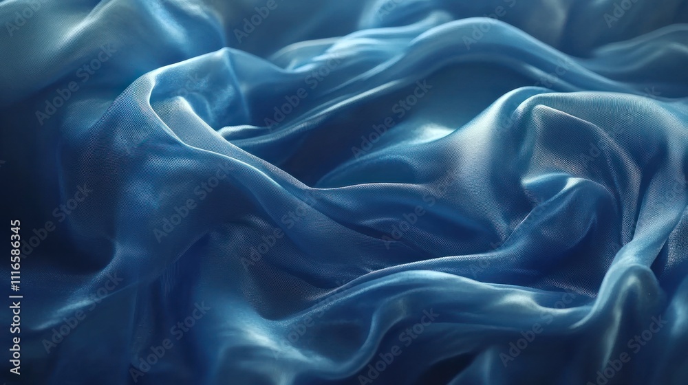 Fototapeta premium Draped blue silk fabric with soft folds and subtle light reflections.