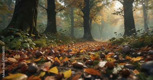 Wallpaper Mural A delicate scattering of autumn leaves and acorns on the forest floor amidst a backdrop of dark green foliage , autumn leaves, acorns, dark background Torontodigital.ca