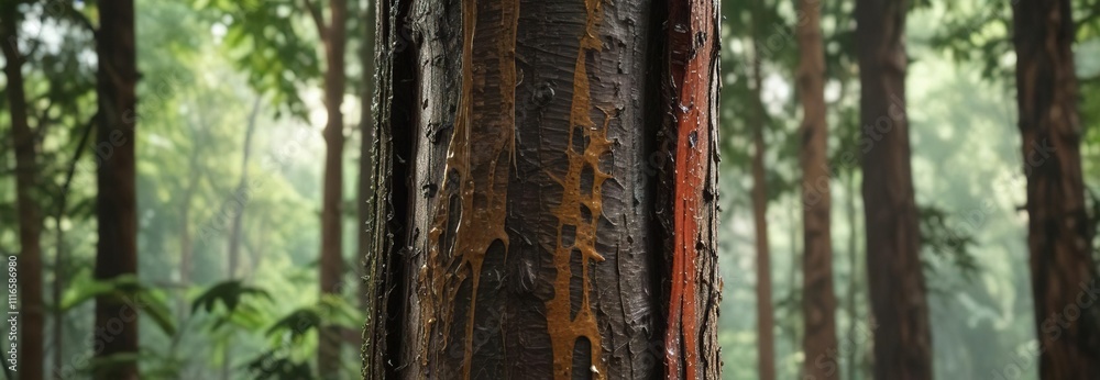 Obraz premium Natural latex sap dripping from the trunk of a rubber tree in the forest, natural latex sap, rubber industry