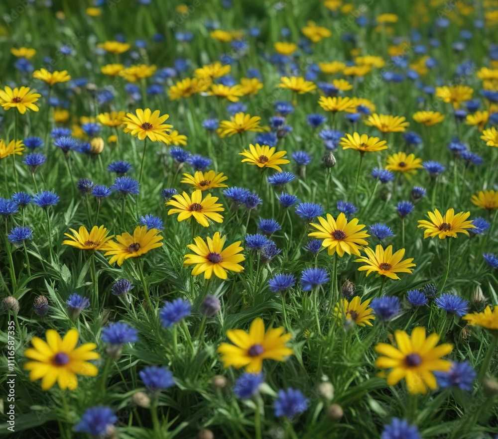 Obraz premium Delicate yellow and blue cornflowers growing in a sea of green, wildflowers, green fields, small blooms