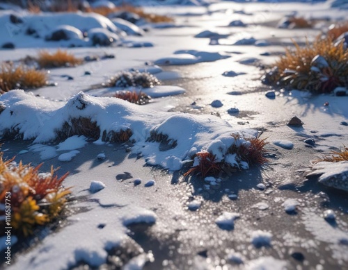 Melting snow and sleet create a slushy mess on the ground, snow, thawing