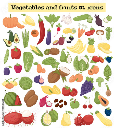 A set of 61 colorful icons of fruits and vegetables. Vector illustration