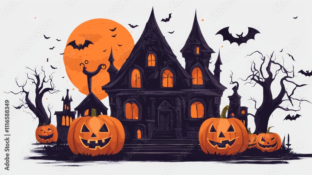 Fototapeta premium A creepy Halloween party with evil pumpkins, castles and bats. Background with space for text.