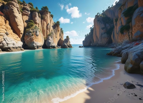 Beach of Puzol with rocky cliffs and clear blue waters, rocky cliff, marine environment, Puzol photo