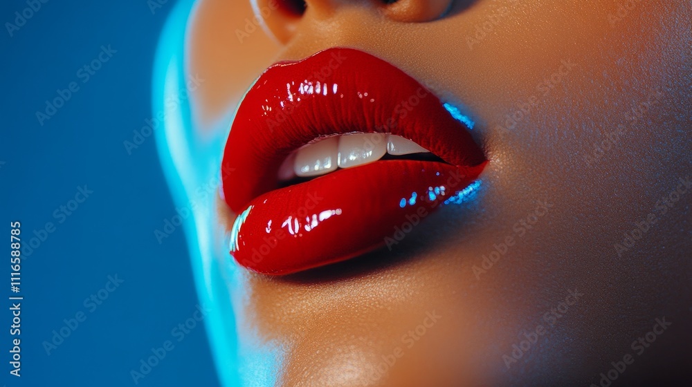 Obraz premium Radiant Red Lips Close-Up - A stunning close-up of lips adorned with glossy red lipstick, highlighting the beauty of makeup artistry and skin texture under soft lighting.
