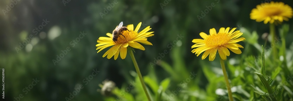 Small bee on yellow dandelion stem with green leaves in the background, leafy greens, garden details Small bee on yellow dandelion stem with green leaves in the background, leafy greens, garden details