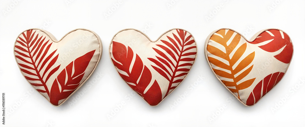 Obraz premium Stylish heart-shaped cushions with tropical leaf patterns in warm colors on a light background