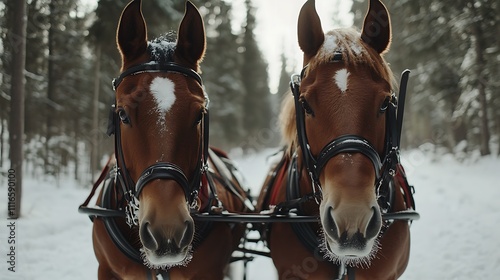 Two Brown Horses in a Snowy Forest photo