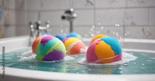 Colorful bath bomb with lots of foam on its surface in a bathtub filled with clear water , soap, relaxing photo