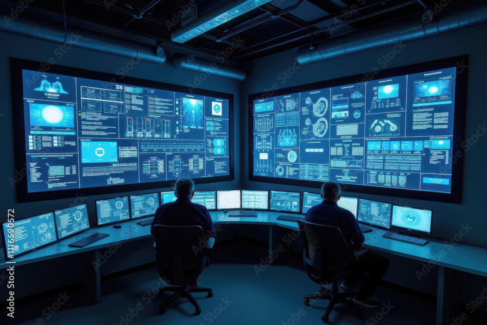 High-Tech Control Room with Multiple Screens Displaying Data and Analytics for Monitoring Operations in a Futuristic Environment