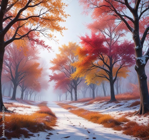 Bare trees with colorful leaves and a dusting of snow, golden light, broadleaf trees, natural beauty