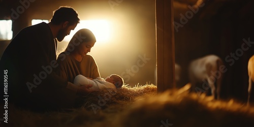 Fototapeta Naklejka Na Ścianę i Meble -  A wide shot of Mary and Joseph in a rustic stable, gently cradling baby Jesus in a manger