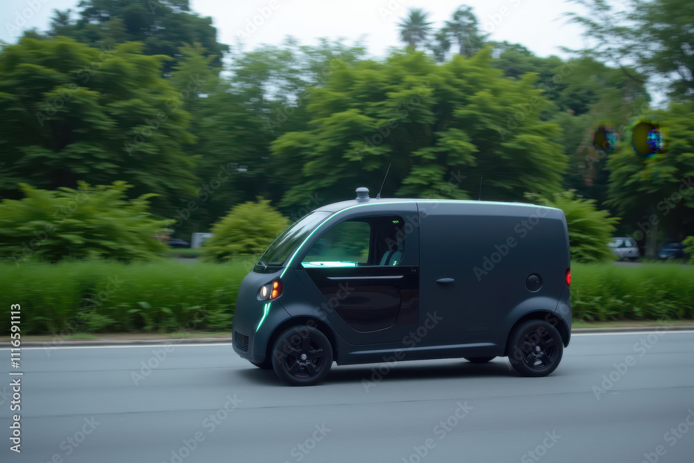 Fototapeta premium Sleek Delivery Vehicle Driving Through Green Landscape in Urban Setting with Modern Design and Futuristic Features