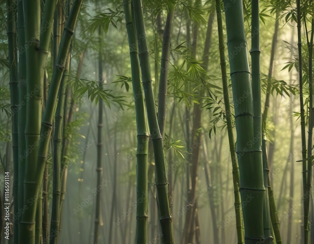 Fototapeta premium Bamboo stalks sway in the wind with an ethereal quality, serene environment, summer breeze
