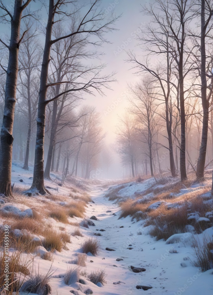 Snowy forest landscape with bare trees and frosty grass, winter woods, snow and ice, frosty greenery Snowy forest landscape with bare trees and frosty grass, winter woods, snow and ice, frosty greenery