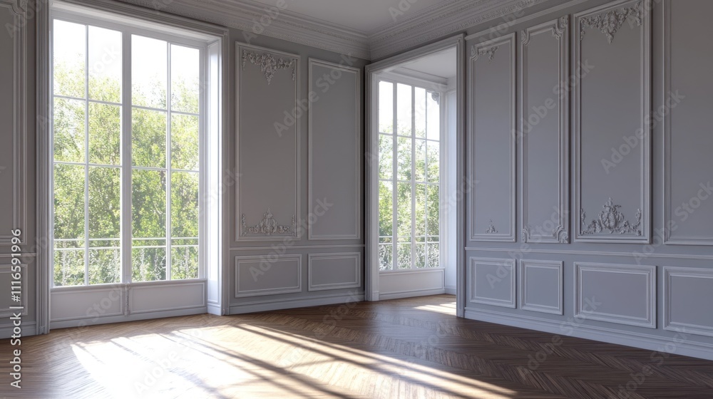 Fototapeta premium Sunlit empty room with classic French-style wainscoting, hardwood floors, and large windows.