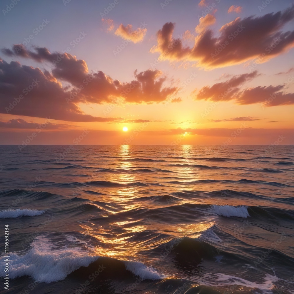 Obraz premium Autumn sunset over the vast expanse of the Azov Sea's calm waters, nature, landscape, horizon