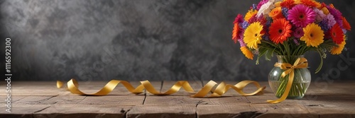 Wallpaper Mural Golden ribbon wrapped around a wooden table with a vase of fresh flowers on a rustic stone background, stone, earthy Torontodigital.ca