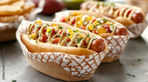 tailgate party, football fans delight in gourmet hot dogs in rustic baskets lined with football-patterned paper, set against the backdrop of the exciting game photo