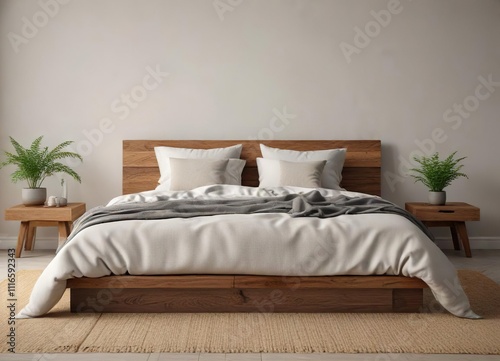 Minimalist wooden bed frame with natural linen bedding and simple throw pillows , white walls, simplicity, natural linen