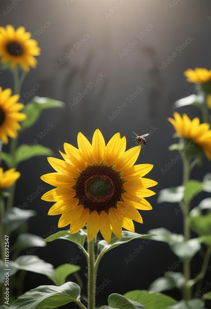 Fototapeta premium A single bee is landing on a bright yellow sunflower , yellow, nature photography
