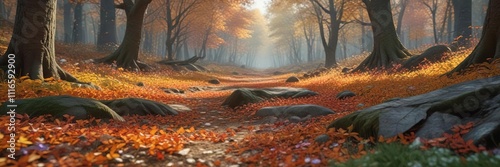 Forest floor covered with fallen leaves and flowers, autumn leaves, floral elements
