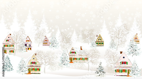 A little village on a winter night. Winter rural landscape. Christmas Eve. Houses covered with snow. Snowy forest. Christmas night